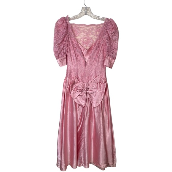 Vintage 80s Pink Lace Puff Sleeve Satin Dress Bow Back Formal Petite Small Prom - Picture 4 of 11